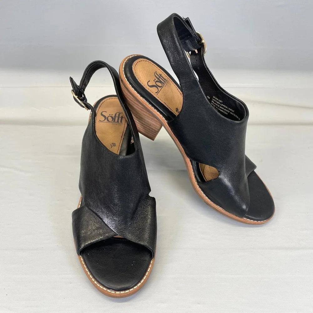 Sofft Mendi Slingback Heeled Sandals Womens Size 7 M Black Leather Buckle Shoes
